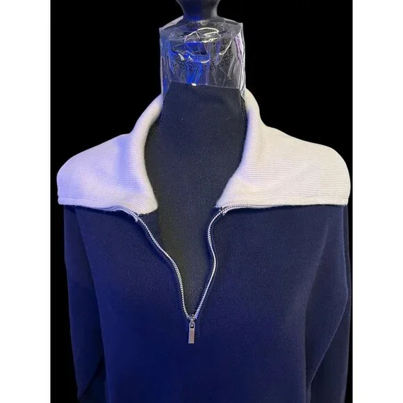 MNG Half-Zip Sweater Women Medium Navy Blue White Collar Coastal lagom cozy - Picture 3 of 7